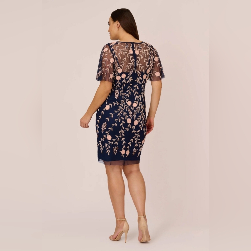 Adrianna Papell Navy & Blush Floral Sequin Embroidery Dress NWT - Picture 2 of 12